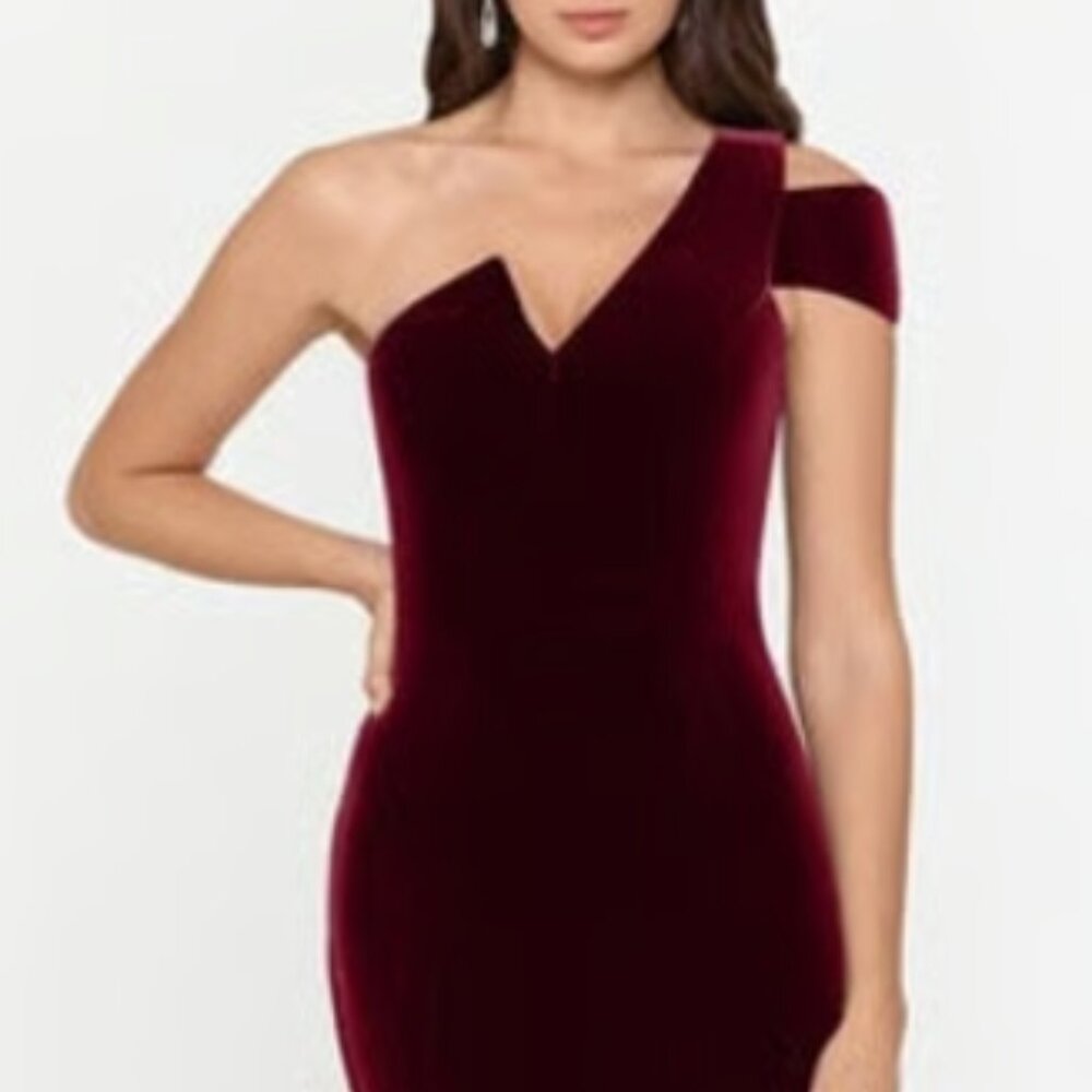 Betsy & Adam Burgundy Velvet One-Shoulder Gown | Size 10 | Formal / Evening